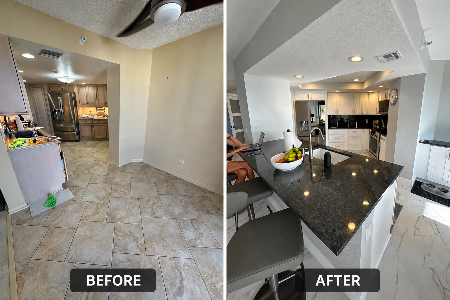 Before and after condo kitchen remodel with black granite island, white shaker cabinets and marble-look tile