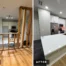 Before and after condo kitchen remodel with opened wall, white shaker cabinets and quartz peninsula