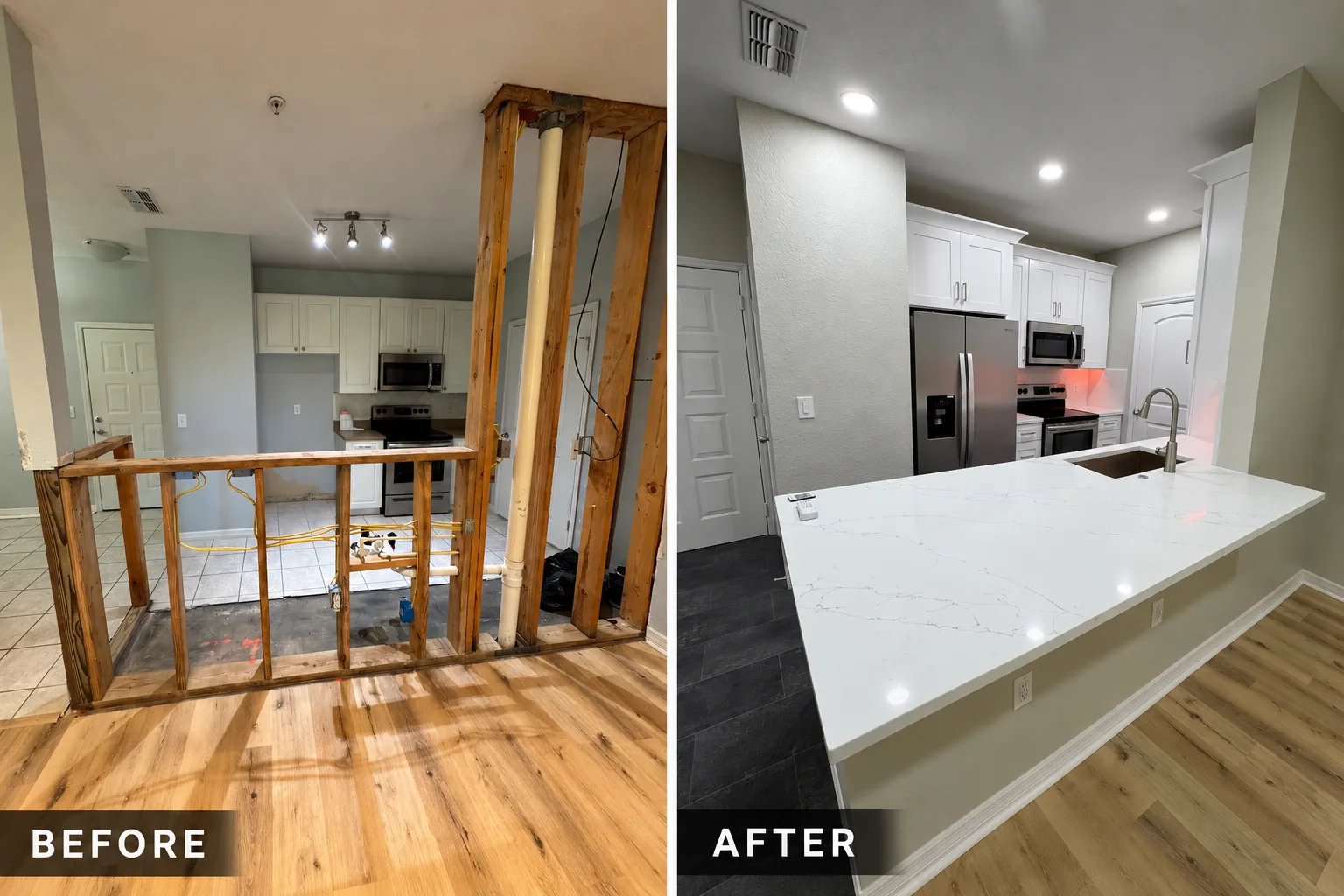 Before and after condo kitchen remodel with opened wall, white shaker cabinets and quartz peninsula