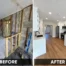 Before and after kitchen remodel with opened block wall, white shaker cabinets, waterfall quartz and vinyl plank flooring