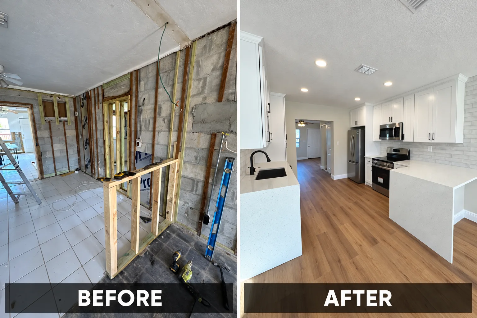 Before and after kitchen remodel with opened block wall, white shaker cabinets, waterfall quartz and vinyl plank flooring