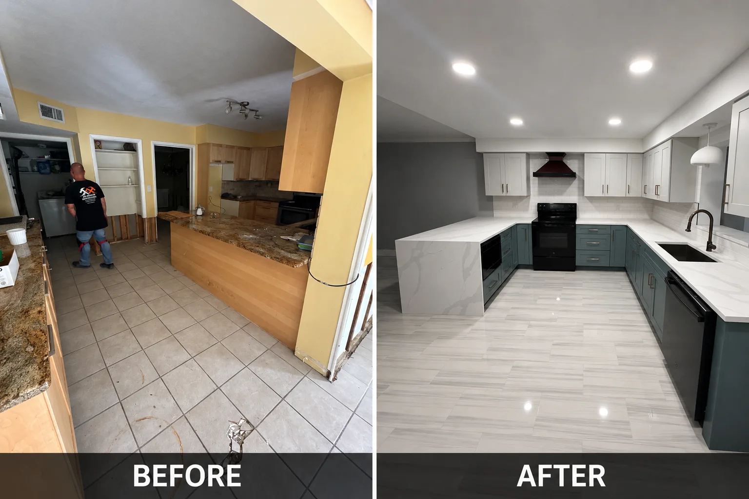 Before and after kitchen remodel with blue-gray cabinets, waterfall quartz countertop and new tile flooring