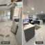 Before and after kitchen remodel with charcoal cabinets, waterfall peninsula and polished marble-look tile