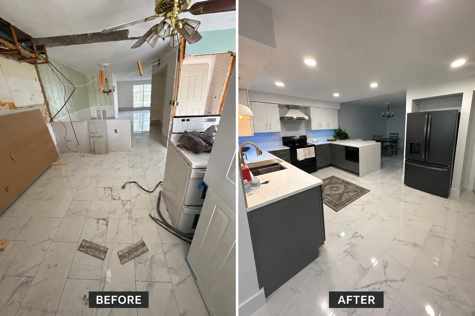 Before and after kitchen remodel with charcoal cabinets, waterfall peninsula and polished marble-look tile