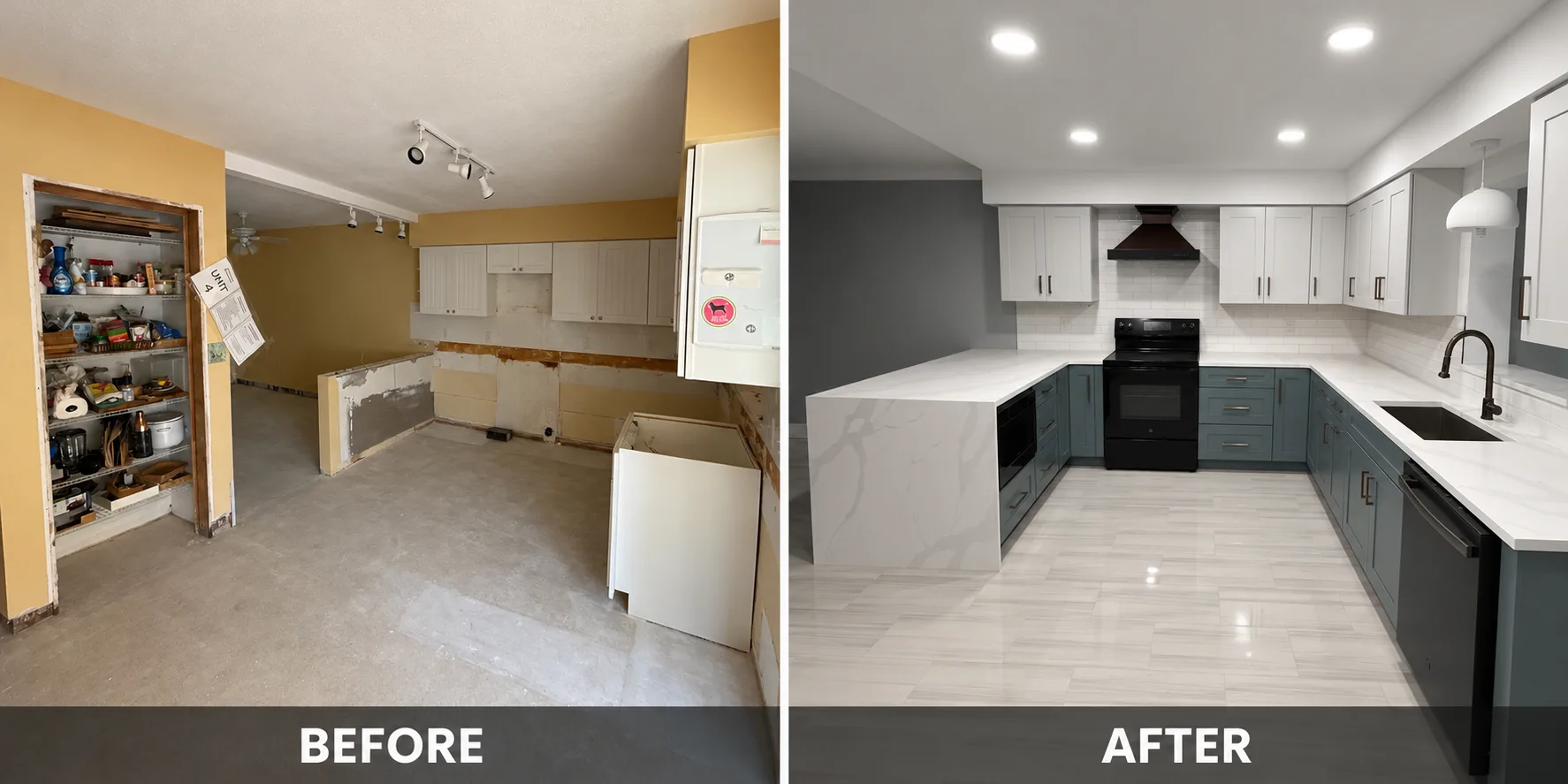 Before and after two-tone kitchen remodel with gray and blue cabinets and waterfall quartz countertop