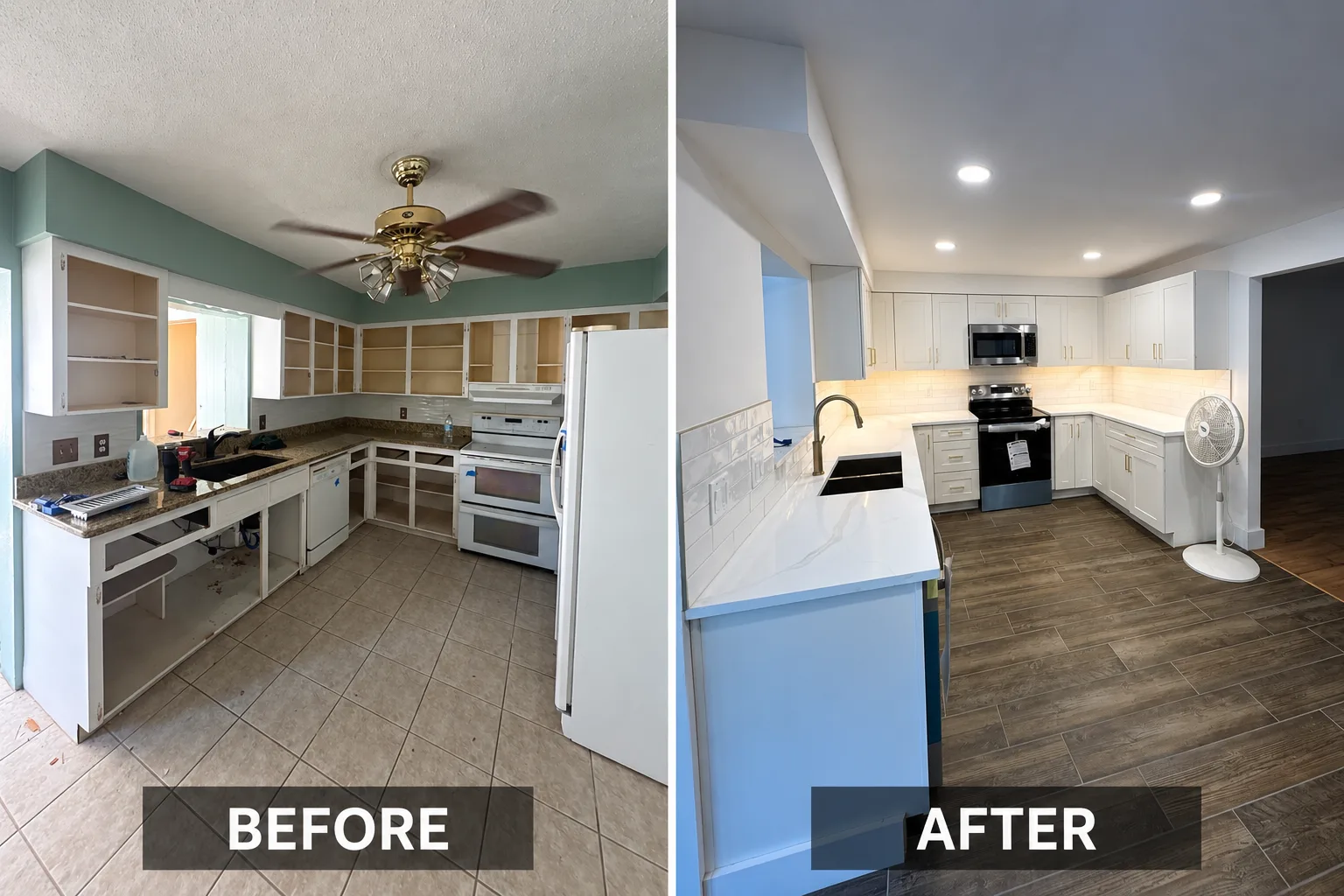 Before and after kitchen remodel with white cabinets, gold hardware, subway tile backsplash and wood-look tile floor