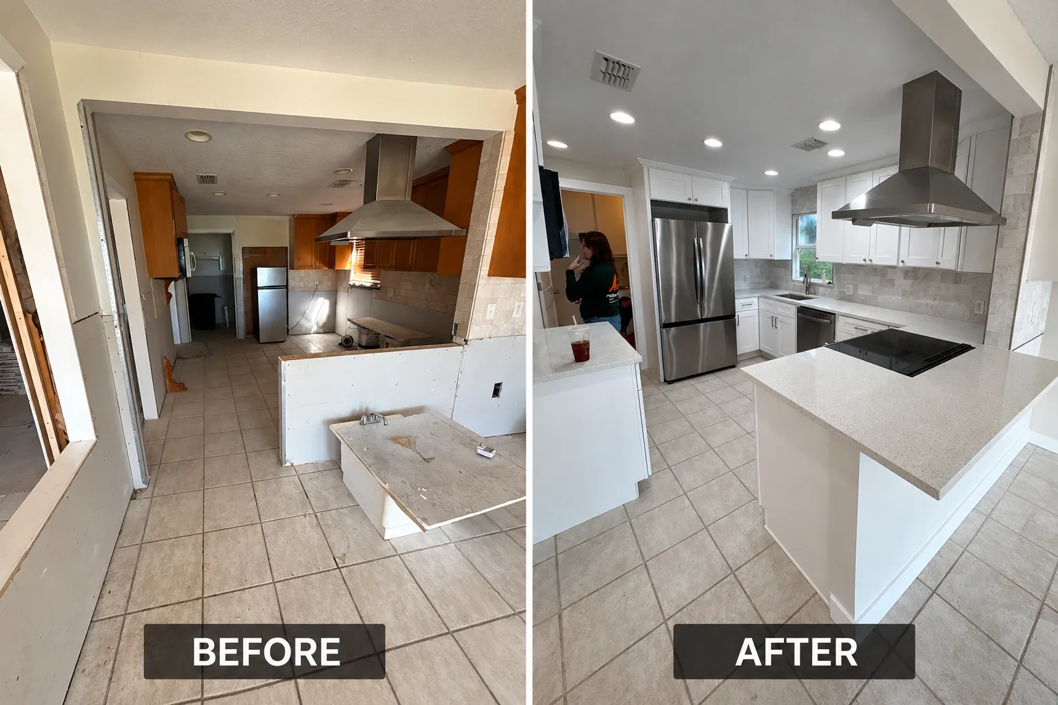 Before and after kitchen remodel with white shaker cabinets, quartz peninsula, induction cooktop and stainless range hood