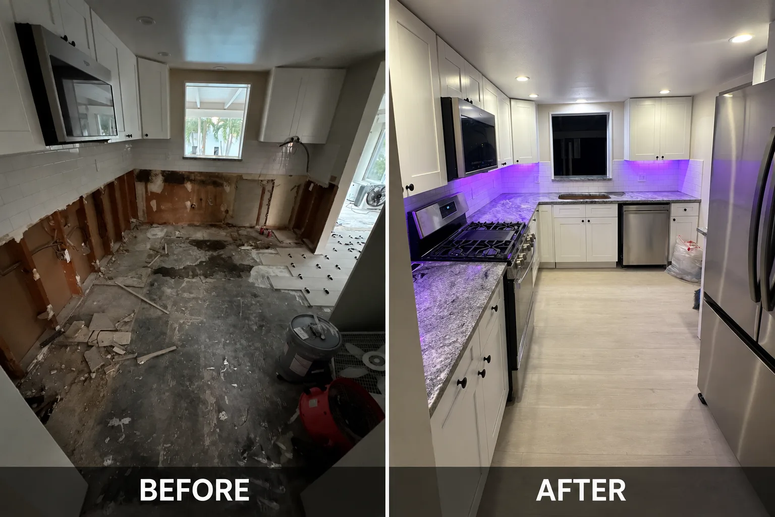 Before and after kitchen remodel with white shaker cabinets, granite countertops and under-cabinet LED lighting