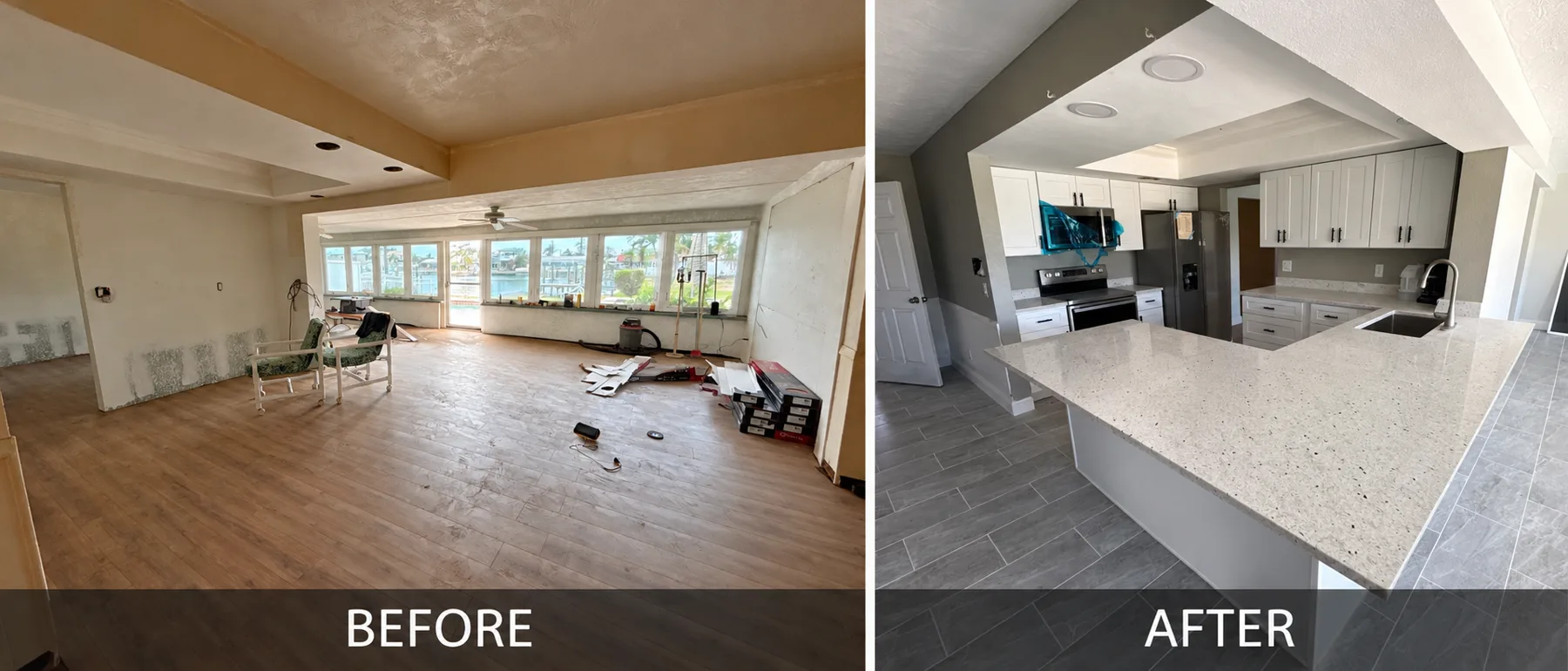 Before and after waterfront kitchen remodel with open-concept layout, white shaker cabinets and quartz peninsula